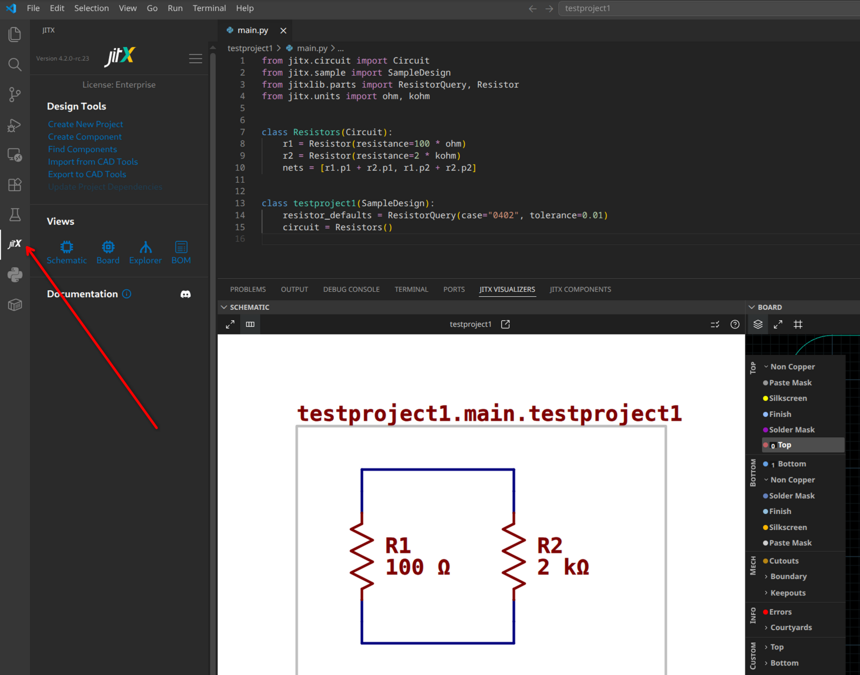 The JITX sidebar open in VSCode, with the JITX icon highlighted in the Activity Bar