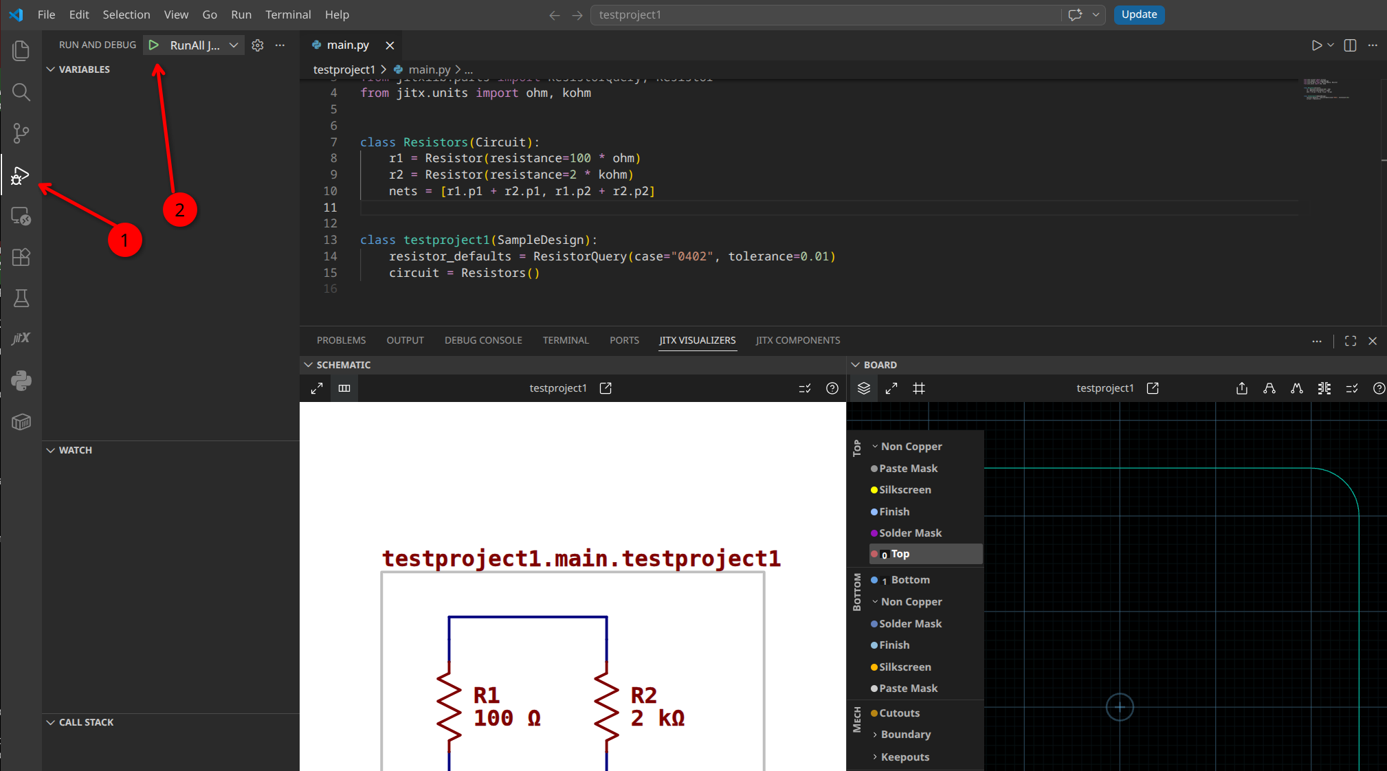 The Run and Debug view, with the Run and Debug icon and the run-configuration dropdown highlighted