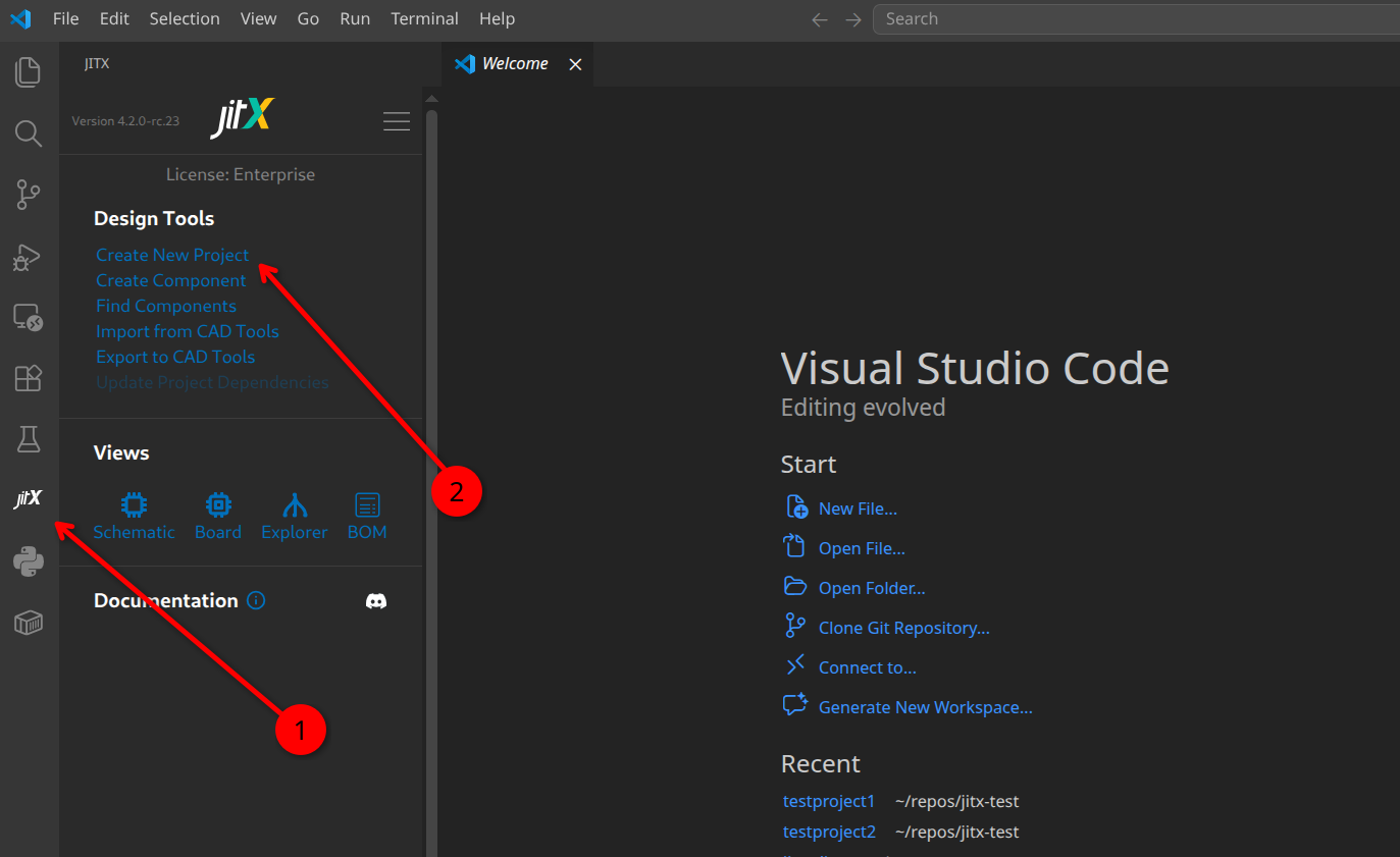 The JITX sidebar, with the JITX icon and Create New Project highlighted