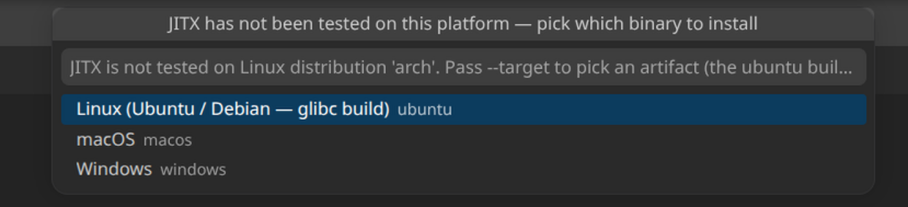 The JITX platform picker, listing the Ubuntu, macOS, and Windows builds