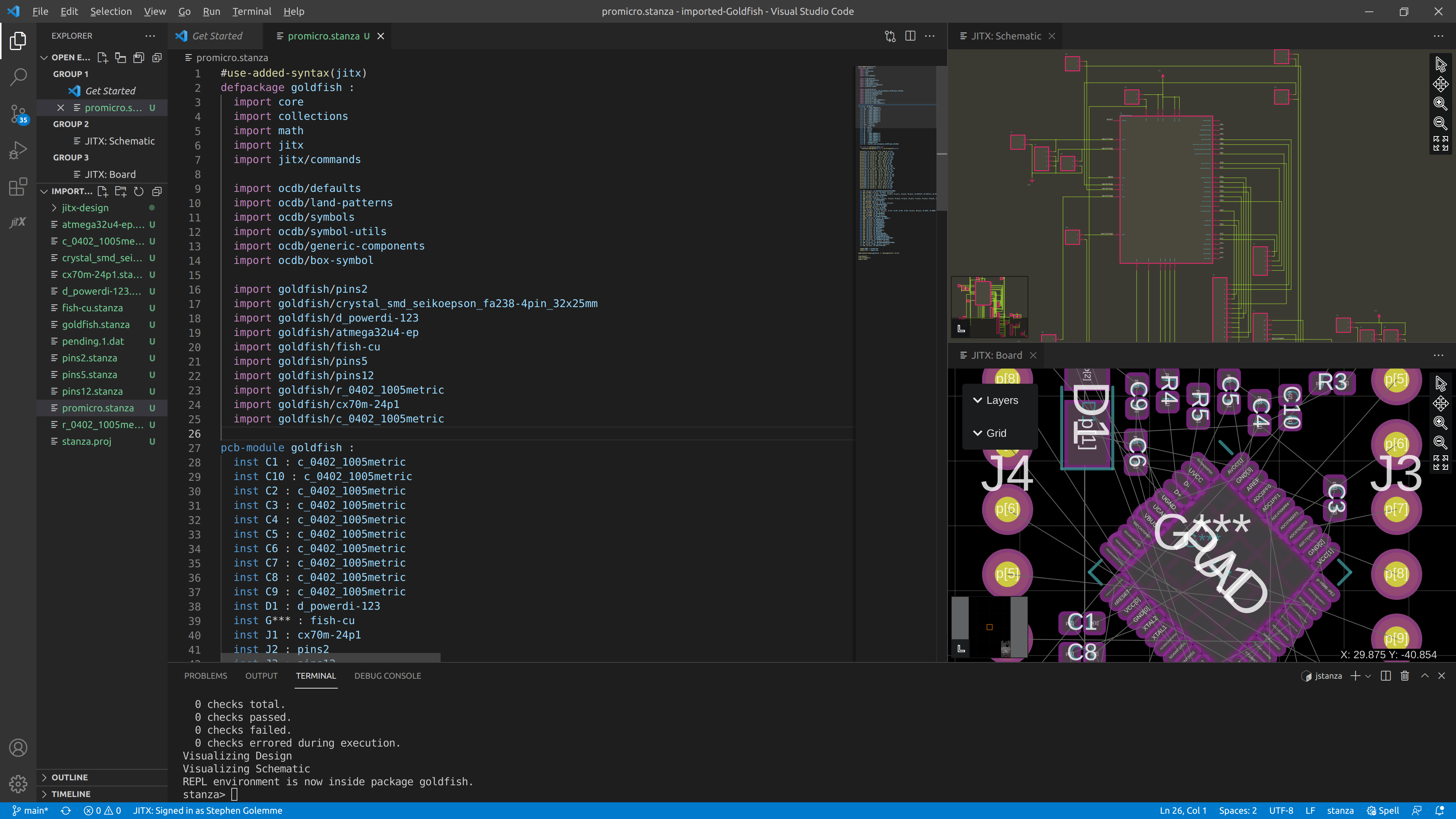 image showing VSCode in 3 groups: promicro.stanza, schematic, and layout